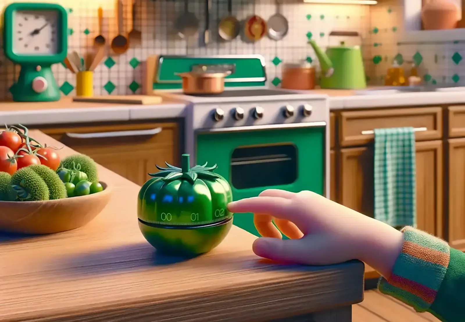 A tomato-shaped kitchen timer